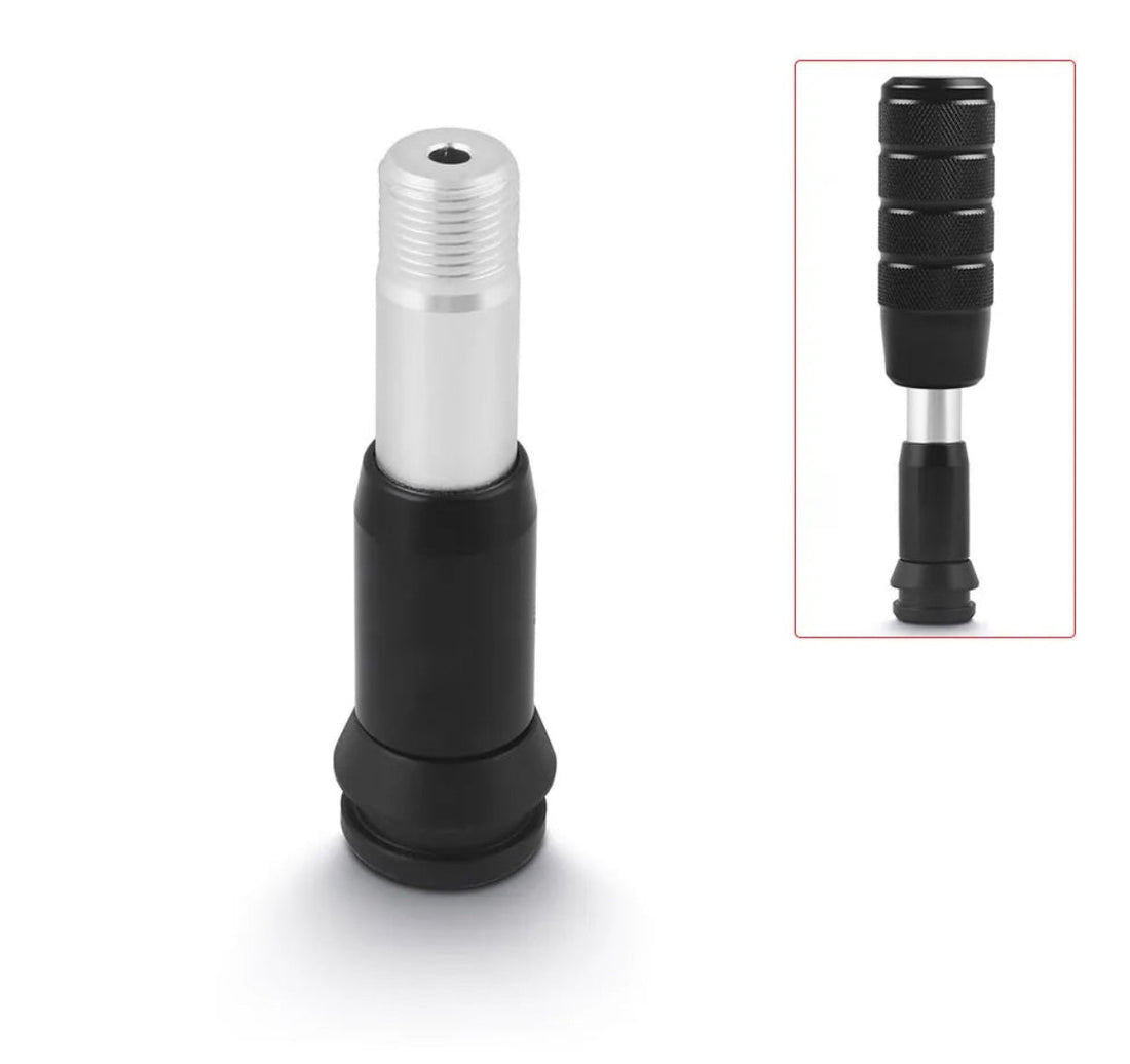 Adaptateur pour pommeau de vitesse automatique, tige filetée sur base noire, avec un exemple de pommeau monté