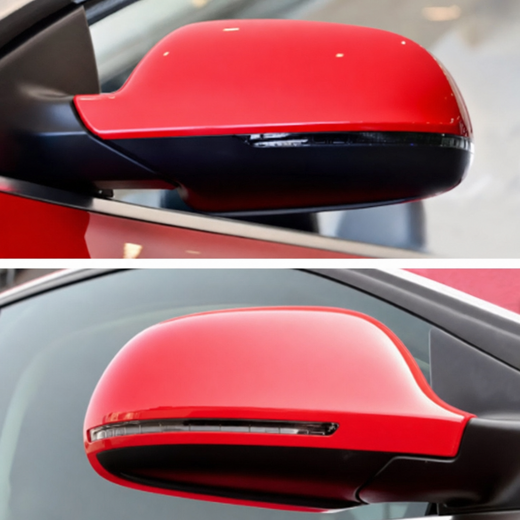 Rétroviseur Audi A4 rouge : clignotant sous le bord de la coque (en haut) et clignotant intégré à la coque (en bas)