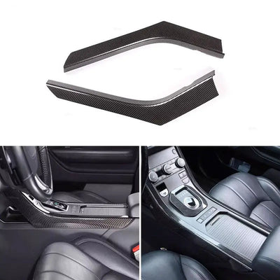 Baguettes console centrale carbone Range Rover Evoque seules et posées le long des flancs de la console