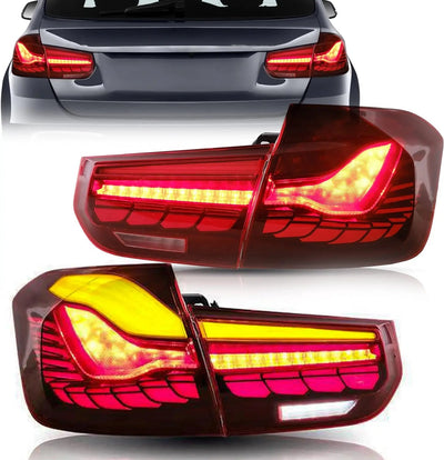 Jeu de feux arrière LED OLED pour BMW F30, avec une berline grise en fond