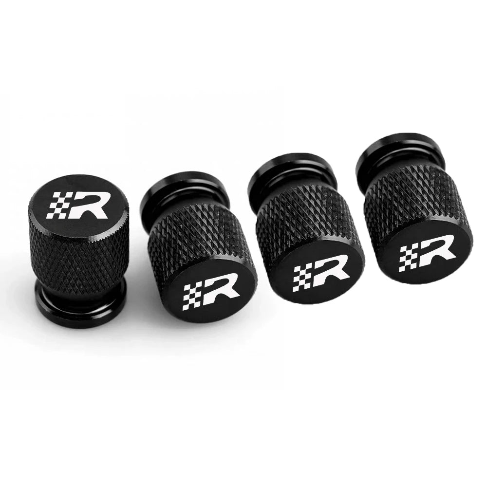 Bouchon de valve Seat R noir, logo R au damier gravé, lot de 4 capuchons en aluminium
