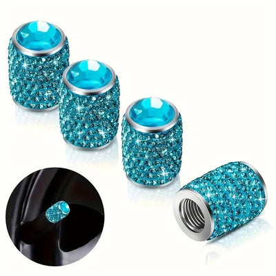 Bouchon de valve serti de strass bleu ciel turquoise, lot de 4