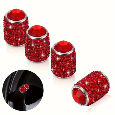 Bouchon de valve serti de strass rouges avec pierre centrale à facettes, lot de 4