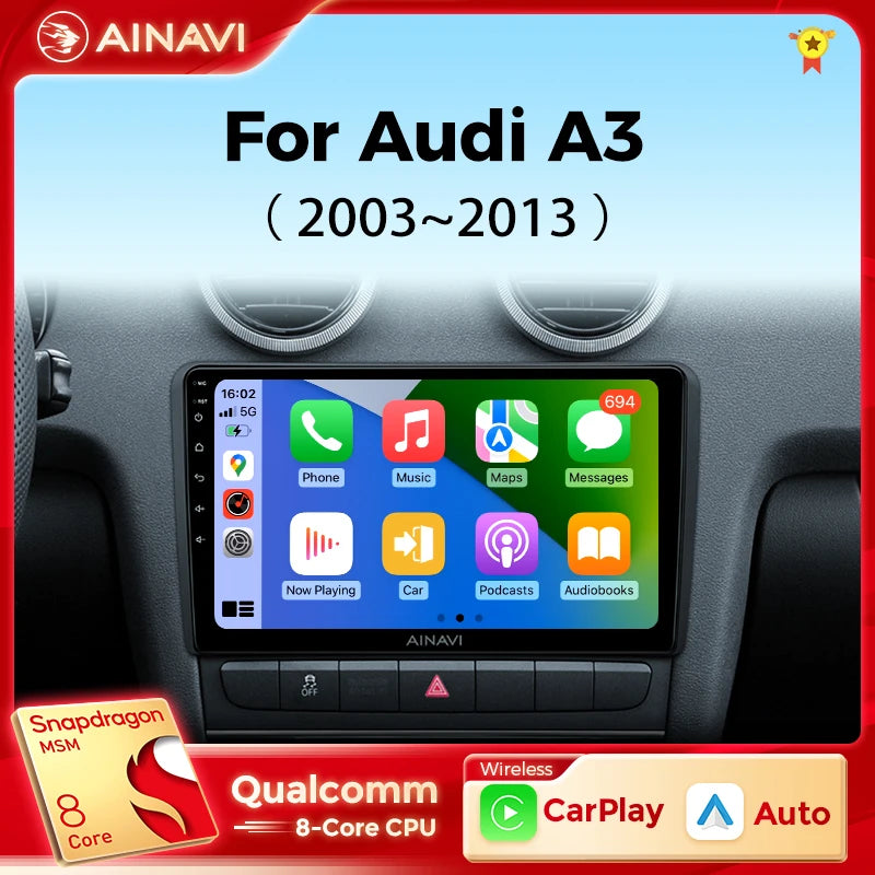 Autoradio CarPlay pour Audi A3 de 2003 à 2013, écran tactile intégré à la planche de bord affichant l'interface Apple CarPlay