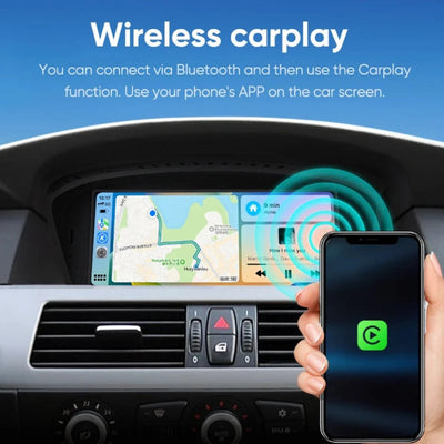 Écran CarPlay BMW Série 5 affichant la navigation Apple CarPlay connectée sans fil au smartphone