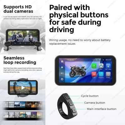 Écran CarPlay moto : double caméra HD 1080P avec vision nocturne, enregistrement en boucle et télécommande au guidon