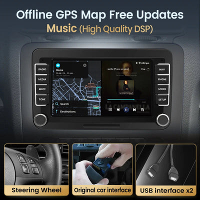 Autoradio CarPlay Polo 6 : cartographie GPS hors ligne, son DSP, compatibilité avec les commandes au volant et deux prises USB