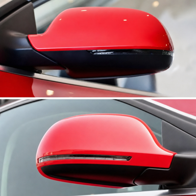 Rétroviseur Audi A5 rouge : clignotant sous le bord de la coque (en haut) et clignotant intégré à la coque (en bas)