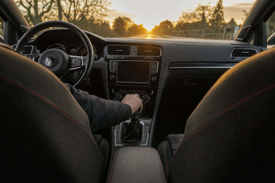 Conducteur au volant d'une Volkswagen Golf 7 GTI, la main sur le pommeau de vitesse, au coucher du soleil