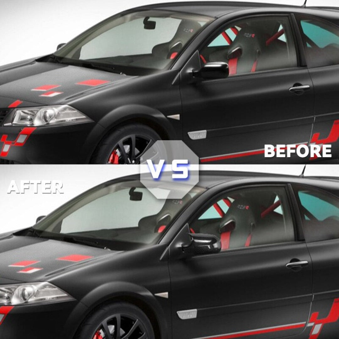 Avant/après de la coque de rétroviseur Megane 2 sur une Megane RS noire, du rétroviseur d'origine à la coque sport