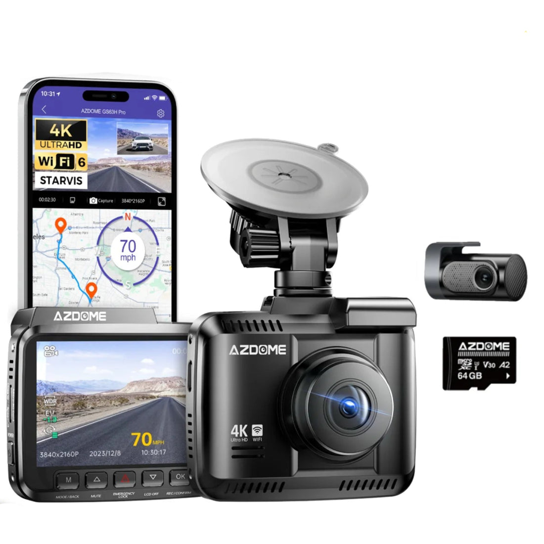 Dashcam GS63H Pro 4K avec son support à ventouse, sa caméra arrière, sa carte microSD 64 Go et l'application sur smartphone