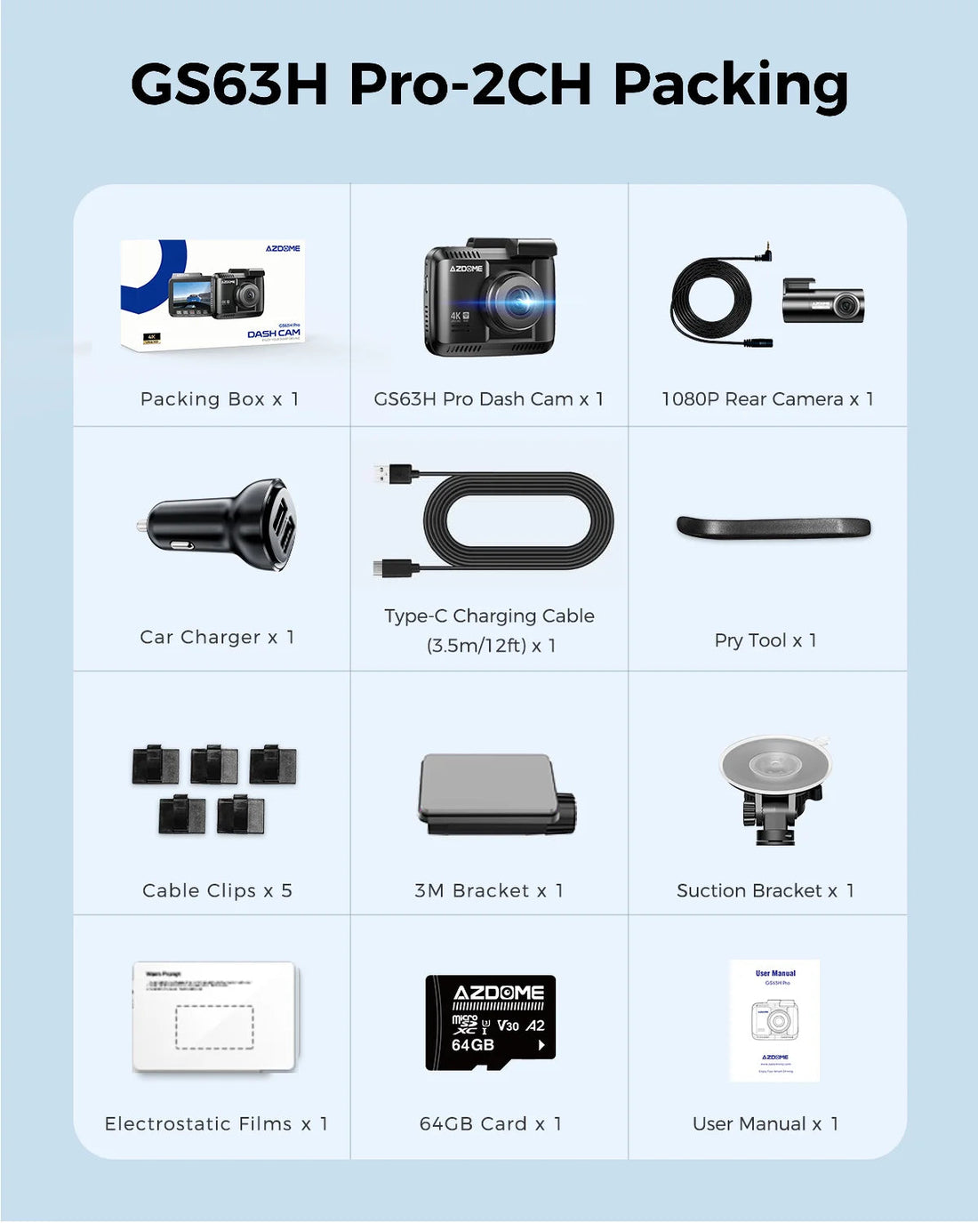 Contenu du pack GS63H Pro 2 caméras : dashcam, caméra arrière 1080P, chargeur allume-cigare, câble USB-C de 3,5 m, spatule, cinq clips, support 3M, support à ventouse, films électrostatiques, carte 64 Go et notice