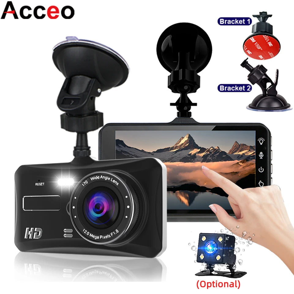 Dashcam voiture Acceo B12, écran tactile 4 pouces avec supports ventouse et adhésif