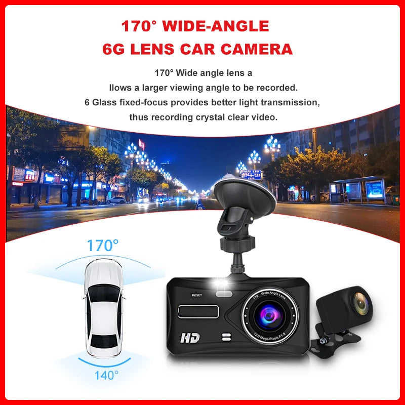 Dashcam voiture Acceo B12 à objectif grand angle 170 degrés et sa caméra de recul, vue de nuit en ville