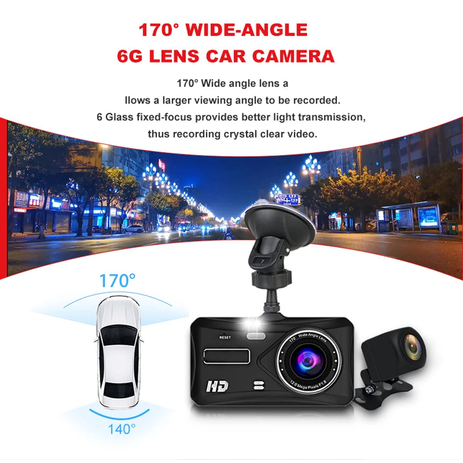 Objectif à six lentilles de verre de la dashcam Acceo B12, couverture de 170 degrés à l'avant et 140 degrés à l'arrière