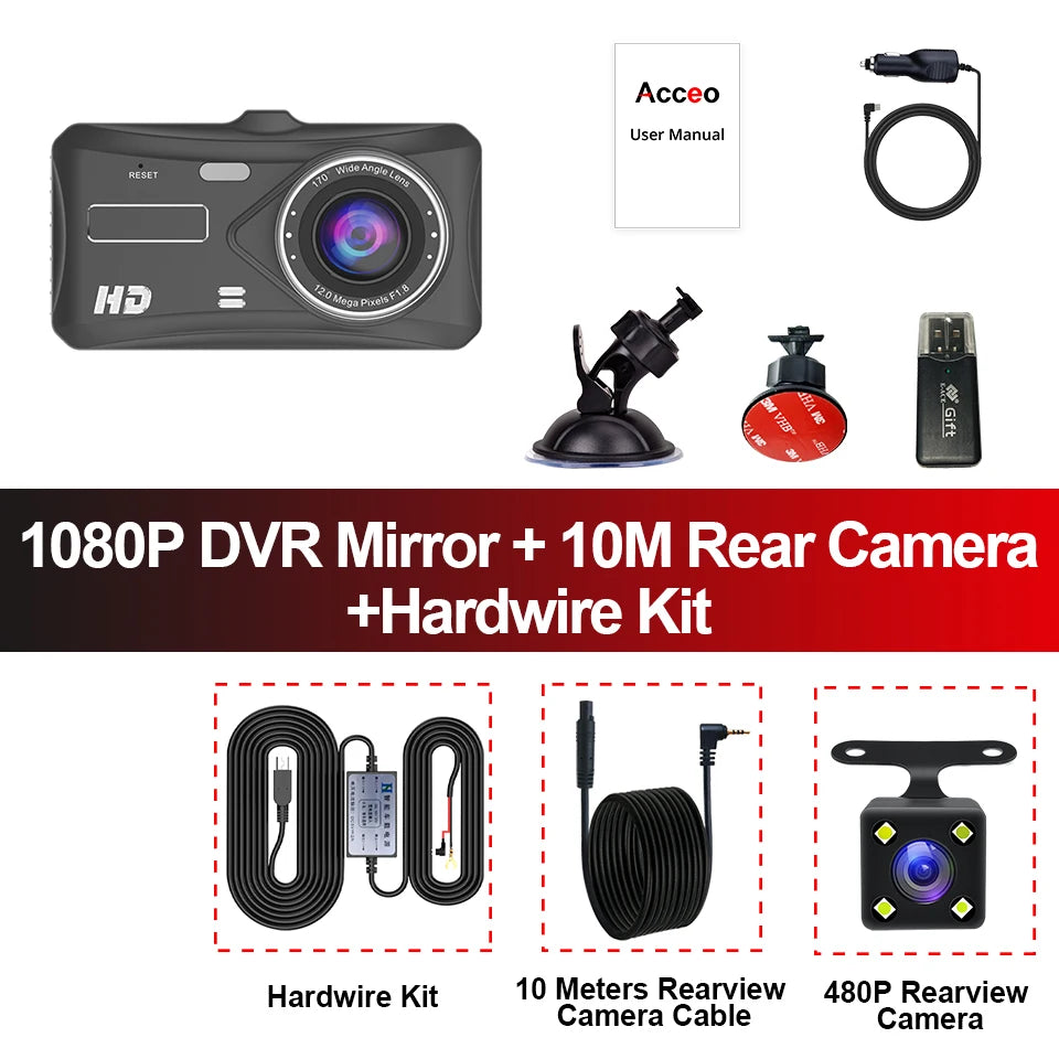 Pack dashcam Acceo B12 avec caméra de recul, câble de 10 mètres et kit de câblage permanent
