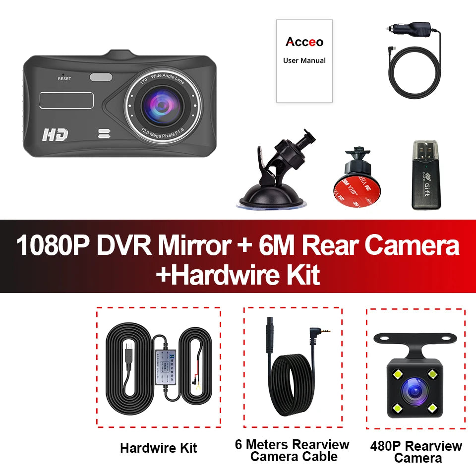 Pack dashcam Acceo B12 avec caméra de recul, câble de 6 mètres et kit de câblage permanent
