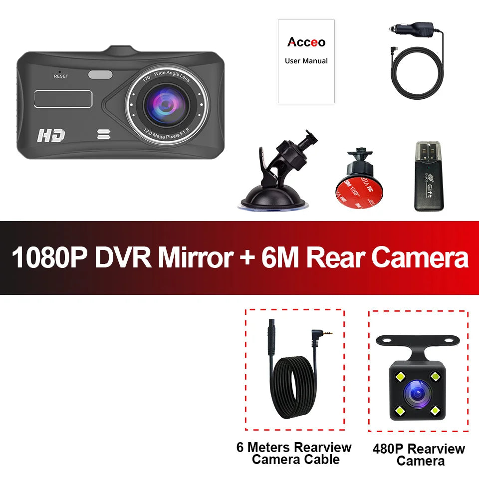 Pack dashcam Acceo B12 avec caméra de recul et câble de 6 mètres, support ventouse et support adhésif