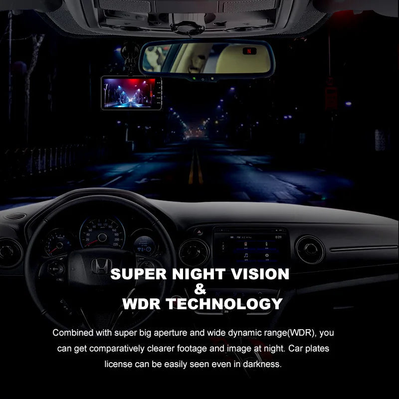 Vision nocturne et technologie WDR de la dashcam Acceo B12 installée sous le rétroviseur, route de nuit