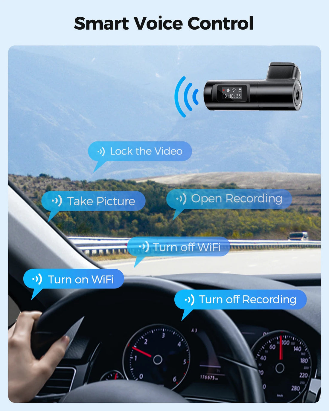 Commande vocale de la dashcam AZDOME M330 : verrouiller la vidéo, prendre une photo, démarrer ou arrêter l'enregistrement, activer le Wi-Fi
