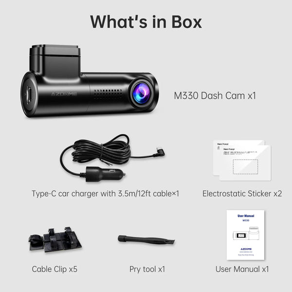 Contenu du pack dashcam AZDOME M330 : caméra, chargeur allume-cigare USB-C avec câble de 3,5 m, deux films électrostatiques, cinq clips, spatule et notice