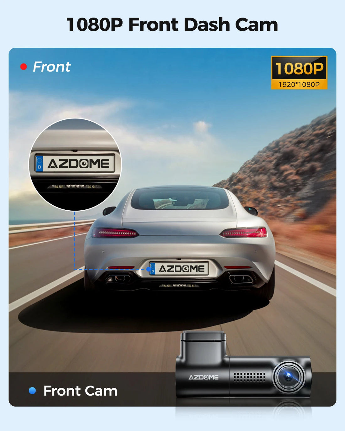 Dashcam AZDOME M330 et exemple d'image avant en 1080P avec plaque d'immatriculation lisible