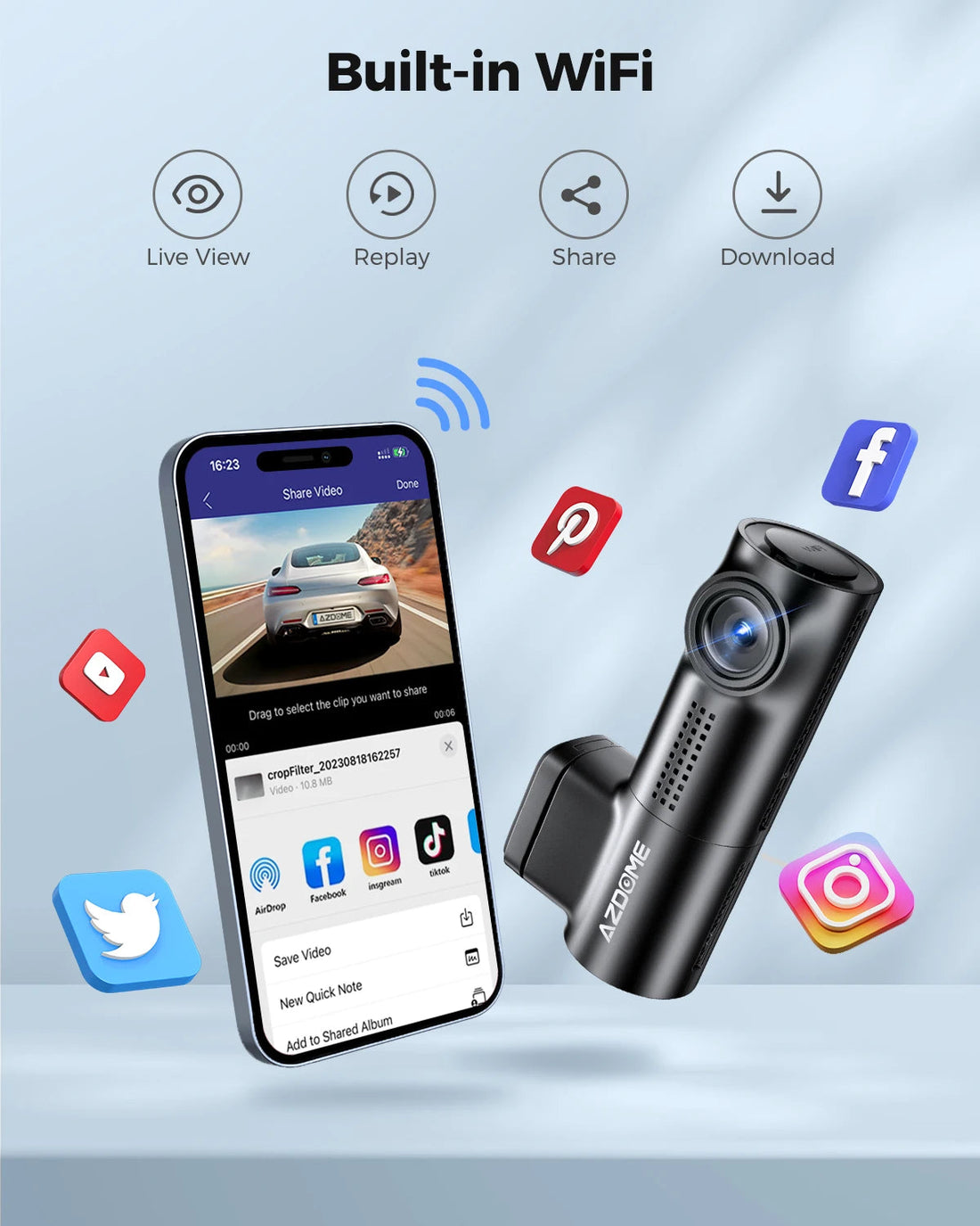 Wi-Fi intégré de la dashcam M330 : visualisation en direct, relecture, partage et téléchargement depuis l'application
