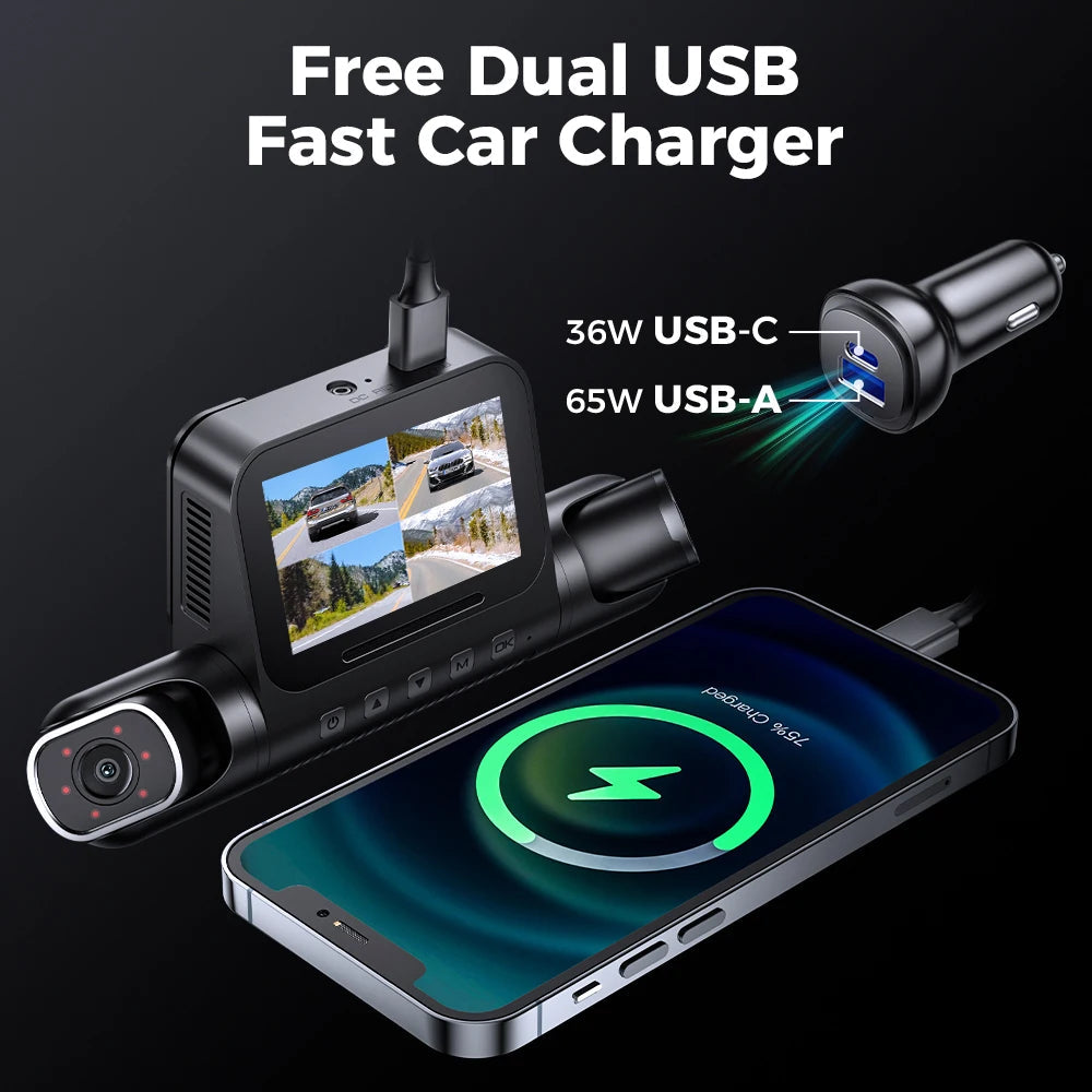 Écran quatre vues de la dashcam M660 et chargeur allume-cigare double USB fourni, 36 W USB-C et 65 W USB-A