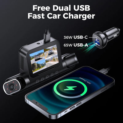 Écran quatre vues de la dashcam M660 et chargeur allume-cigare double USB fourni, 36 W USB-C et 65 W USB-A