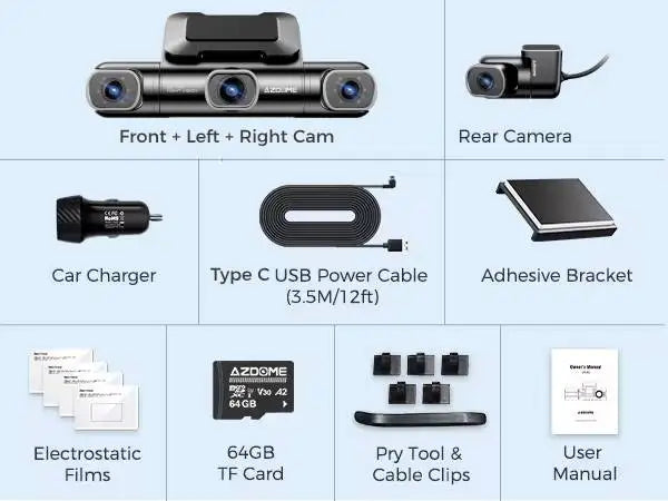Contenu du pack dashcam AZDOME M660 : boîtier trois caméras, module arrière, chargeur, câble USB-C de 3,5 m, support adhésif, carte 64 Go, films électrostatiques, spatule et notice