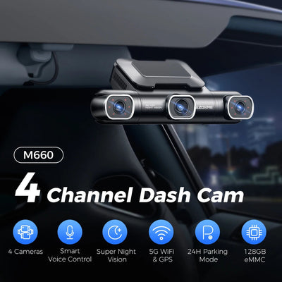 Dashcam AZDOME M660 installée au pare-brise : 4 caméras, commande vocale, vision nocturne, Wi-Fi 5 GHz, GPS, mode parking et 128 Go intégrés