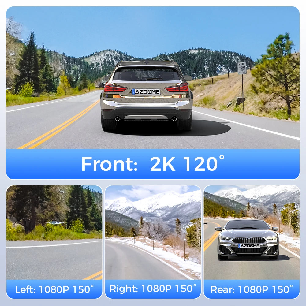 Les quatre champs de la dashcam AZDOME M660 : avant 2K à 120°, gauche, droite et arrière en 1080P à 150°