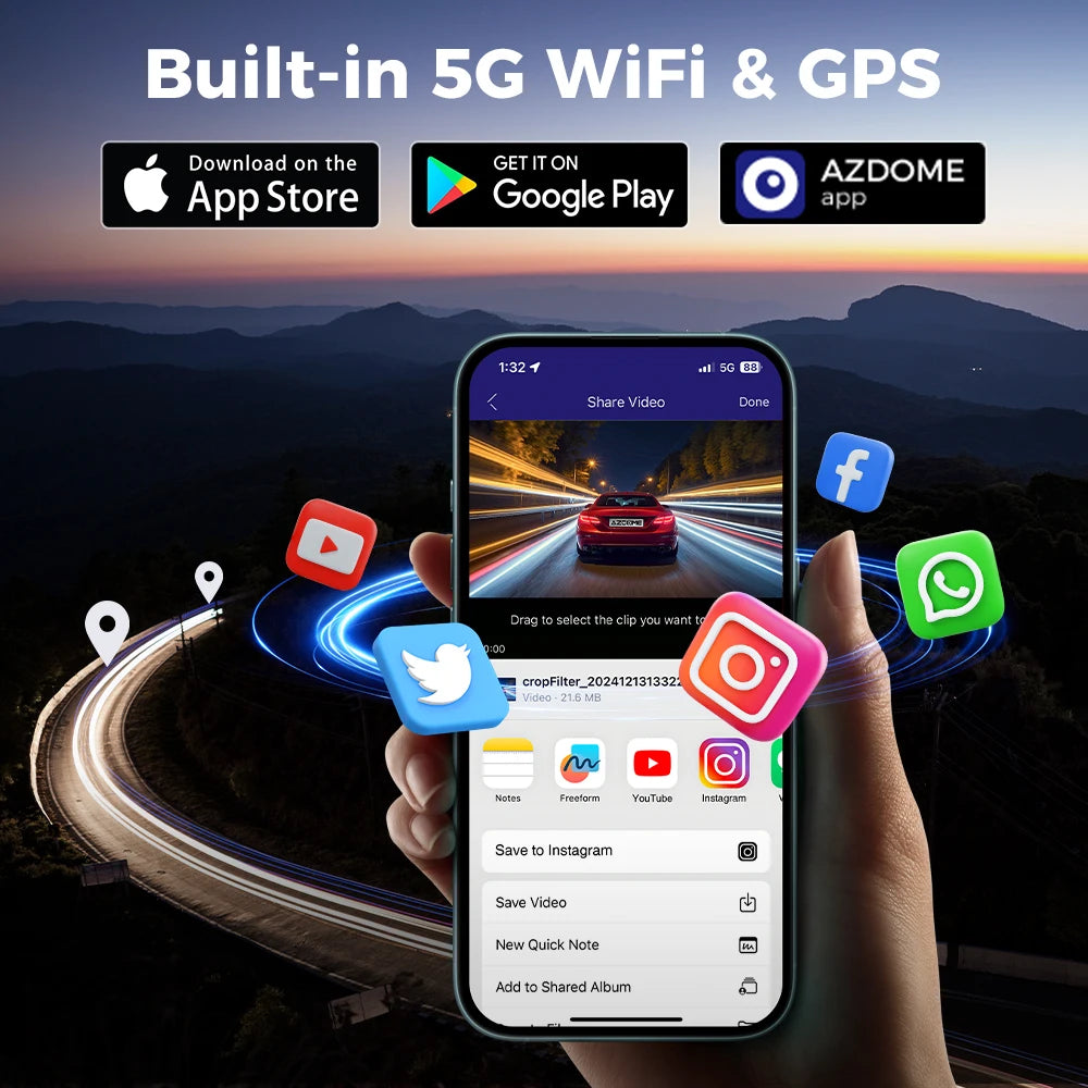 Application AZDOME sur smartphone : partage des séquences de la dashcam M660 en Wi-Fi 5 GHz, avec GPS