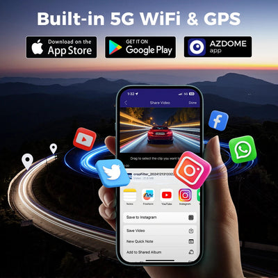 Application AZDOME sur smartphone : partage des séquences de la dashcam M660 en Wi-Fi 5 GHz, avec GPS