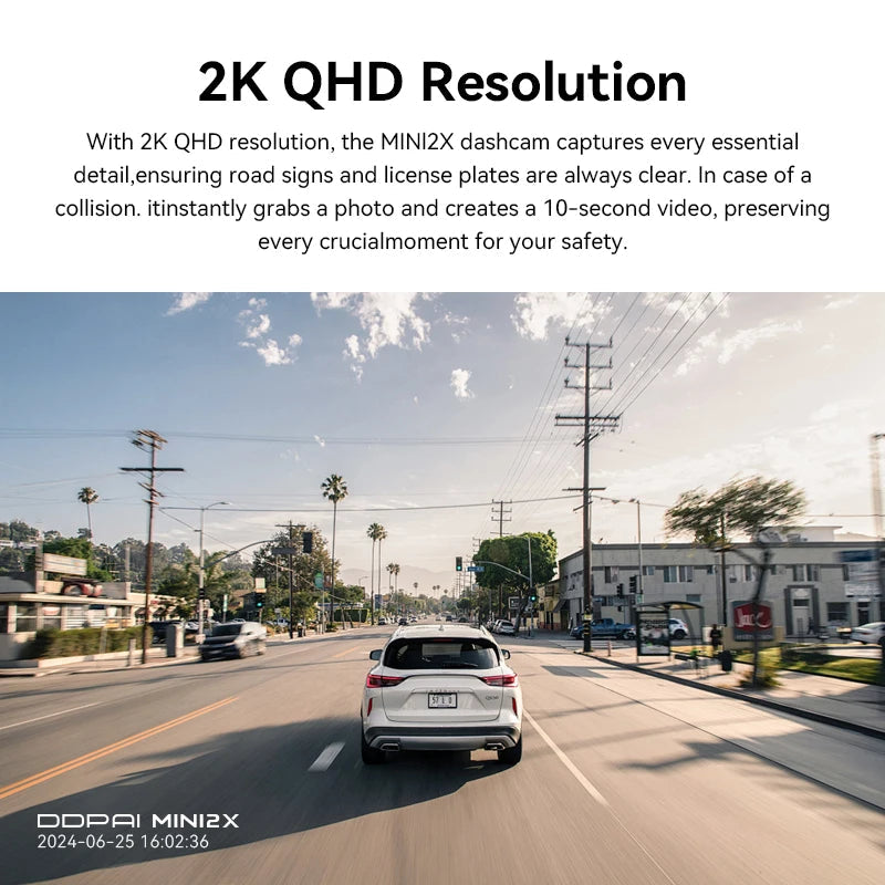 Image de jour capturée par la dashcam DDPAI MINI2X en 2K QHD, plaques et panneaux lisibles