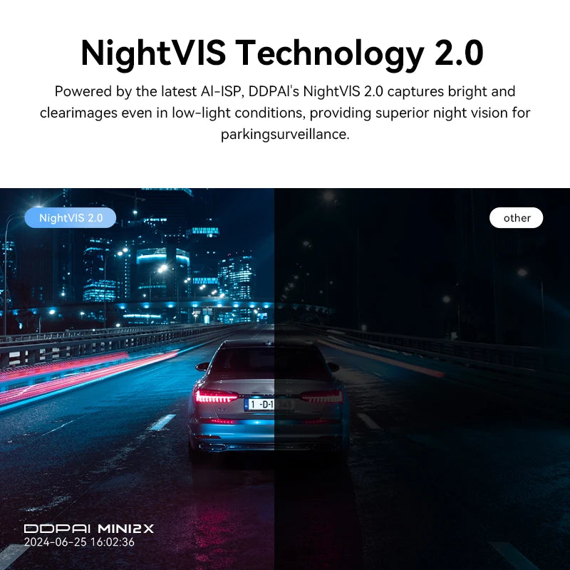 Vision nocturne NightVIS 2.0 de la dashcam MINI2X comparée à une caméra classique
