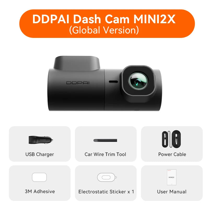 Pack dashcam DDPAI MINI2X seule : chargeur USB, spatule de démontage, câble d'alimentation, adhésif 3M, film électrostatique et notice