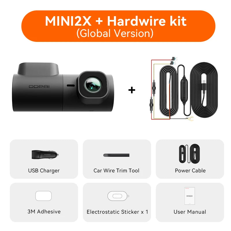 Pack dashcam DDPAI MINI2X avec kit de câblage permanent pour le mode parking, et les accessoires fournis
