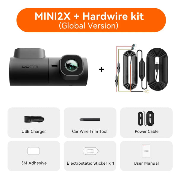 Pack dashcam DDPAI MINI2X avec kit de câblage permanent pour le mode parking, et les accessoires fournis