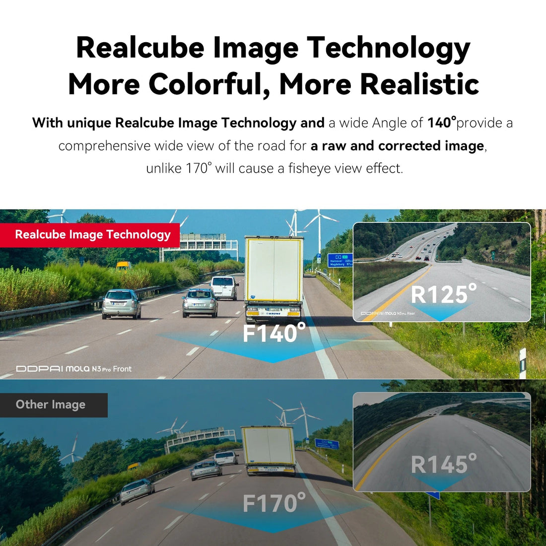 Comparaison du champ de vision 140 degrés de la dashcam DDPAI N3 Pro avec un objectif 170 degrés déformant