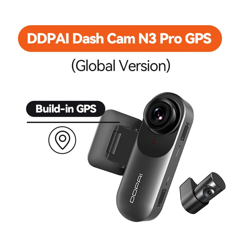 Dashcam voiture DDPAI N3 Pro à GPS intégré, boîtier avant et caméra arrière