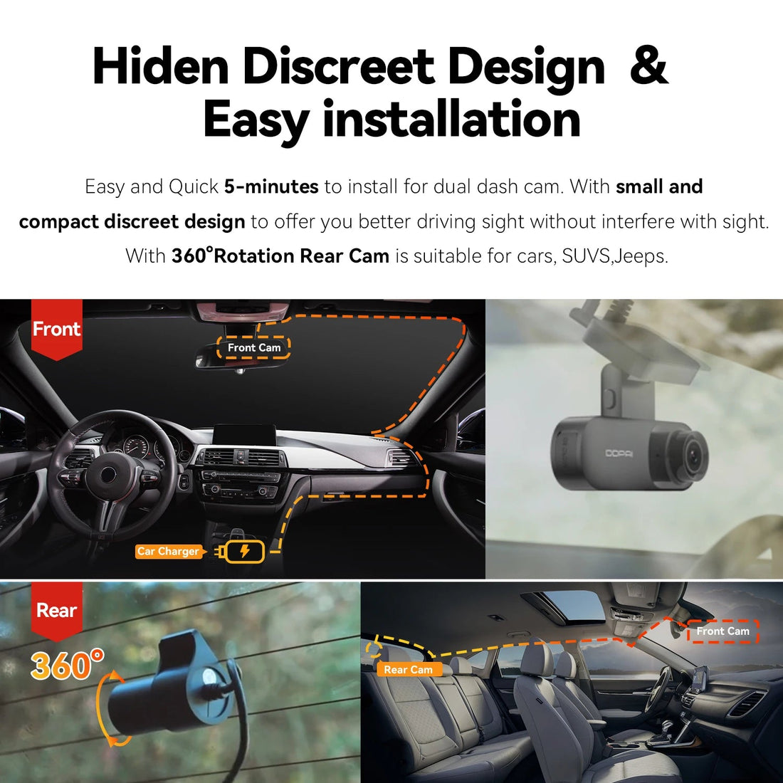 Installation discrète de la dashcam DDPAI N3 Pro derrière le rétroviseur et caméra arrière orientable sur 360 degrés