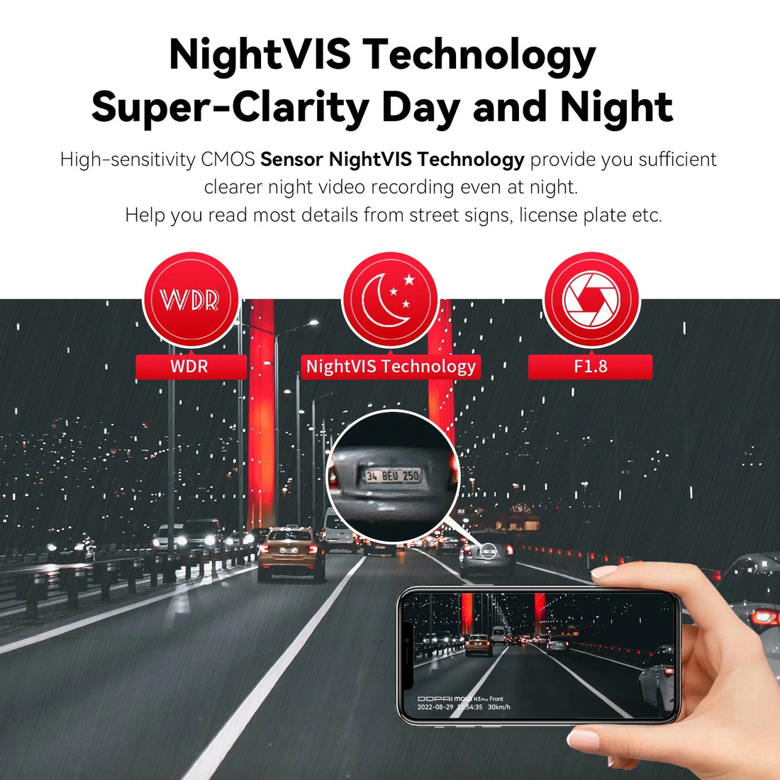 Vision nocturne NightVIS de la dashcam DDPAI N3 Pro avec WDR et ouverture F1.8, plaque lisible de nuit