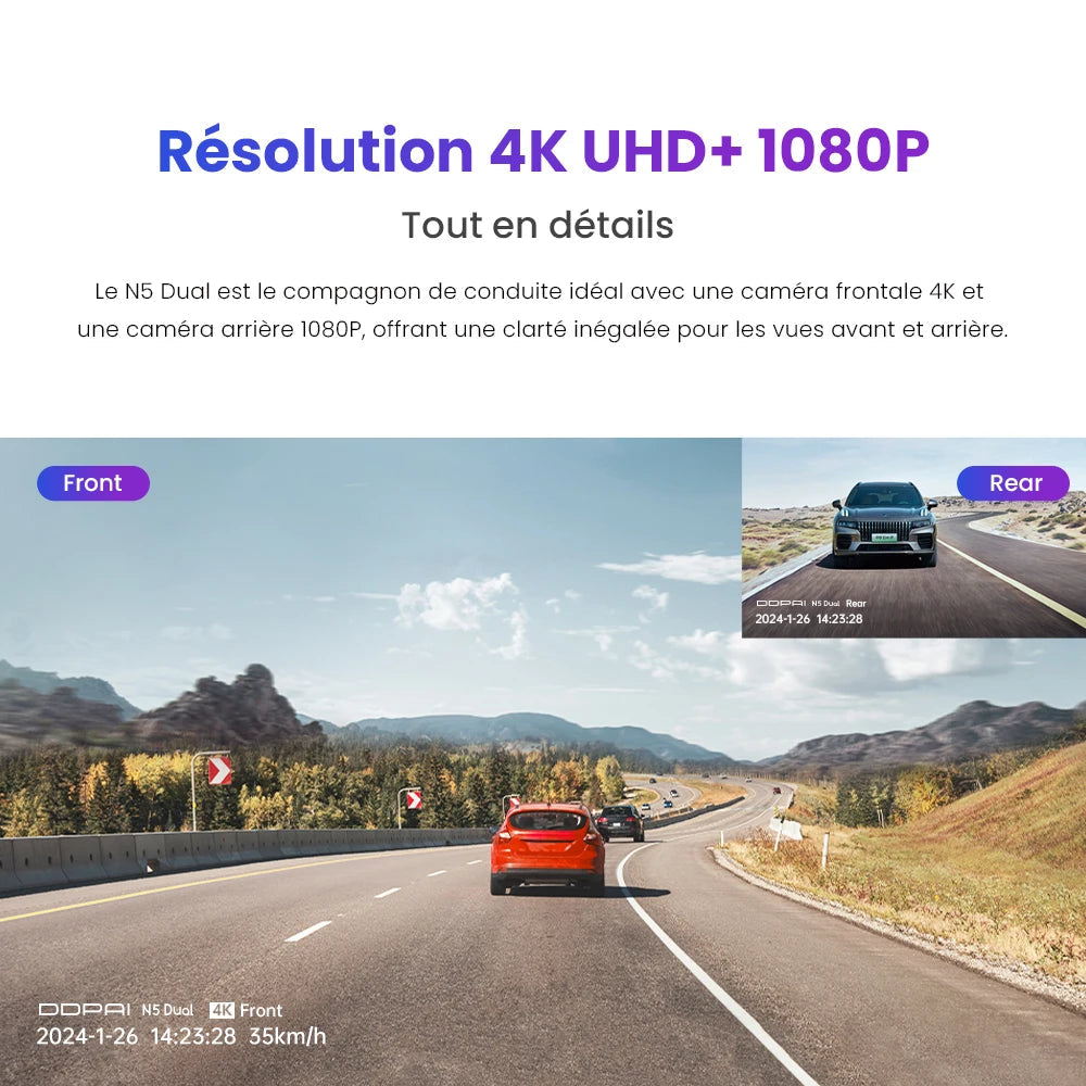 Dashcam DDPAI N5 Dual : image avant en 4K et image arrière en 1080P sur la route