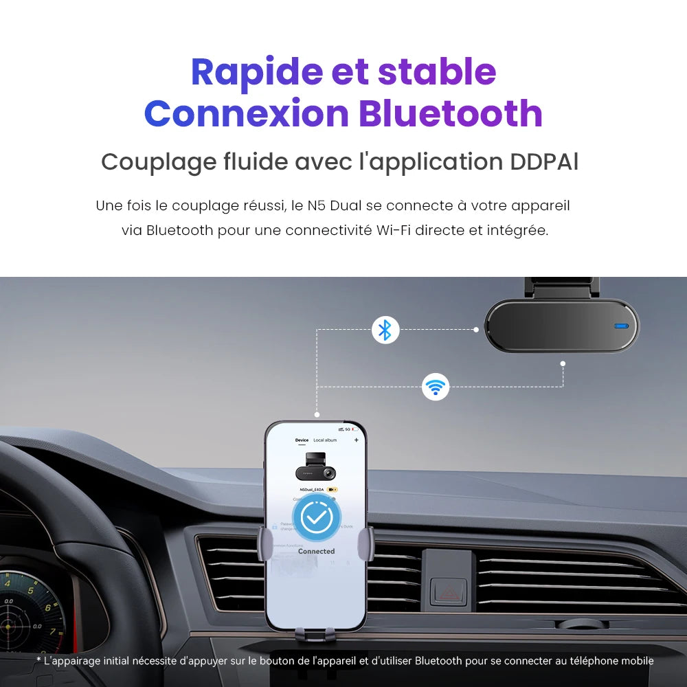 Appairage Bluetooth et connexion Wi-Fi de la dashcam DDPAI N5 Dual avec l'application mobile