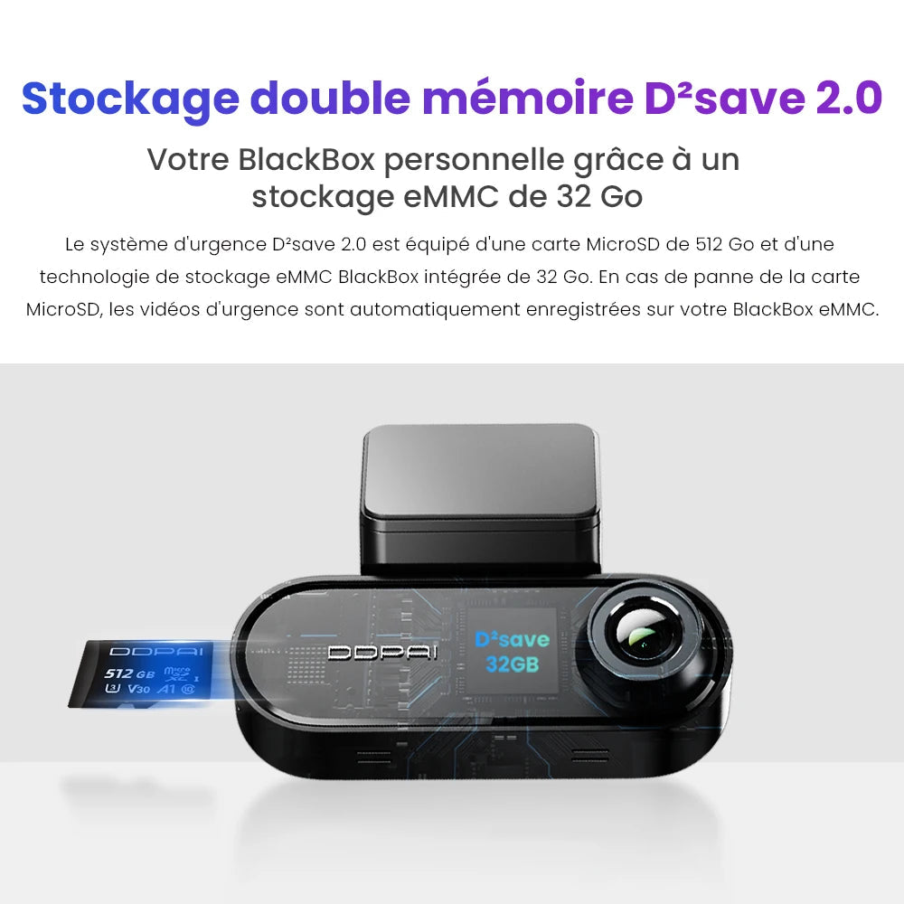 Double stockage D2save 2.0 de la dashcam DDPAI N5 Dual : carte microSD et mémoire eMMC de 32 Go intégrée