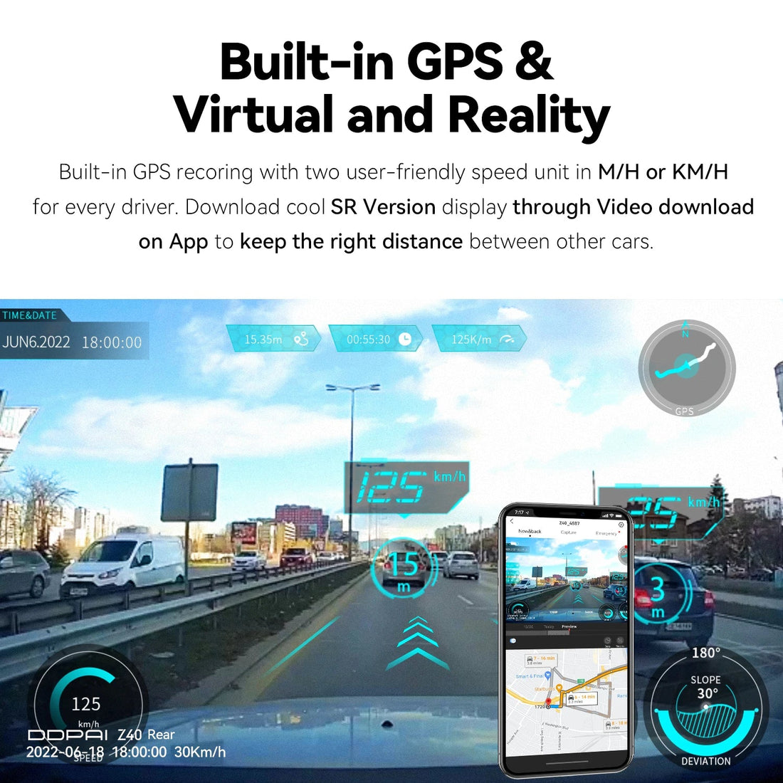 GPS intégré de la dashcam DDPAI Z40 : vitesse, date et trajet incrustés dans la vidéo
