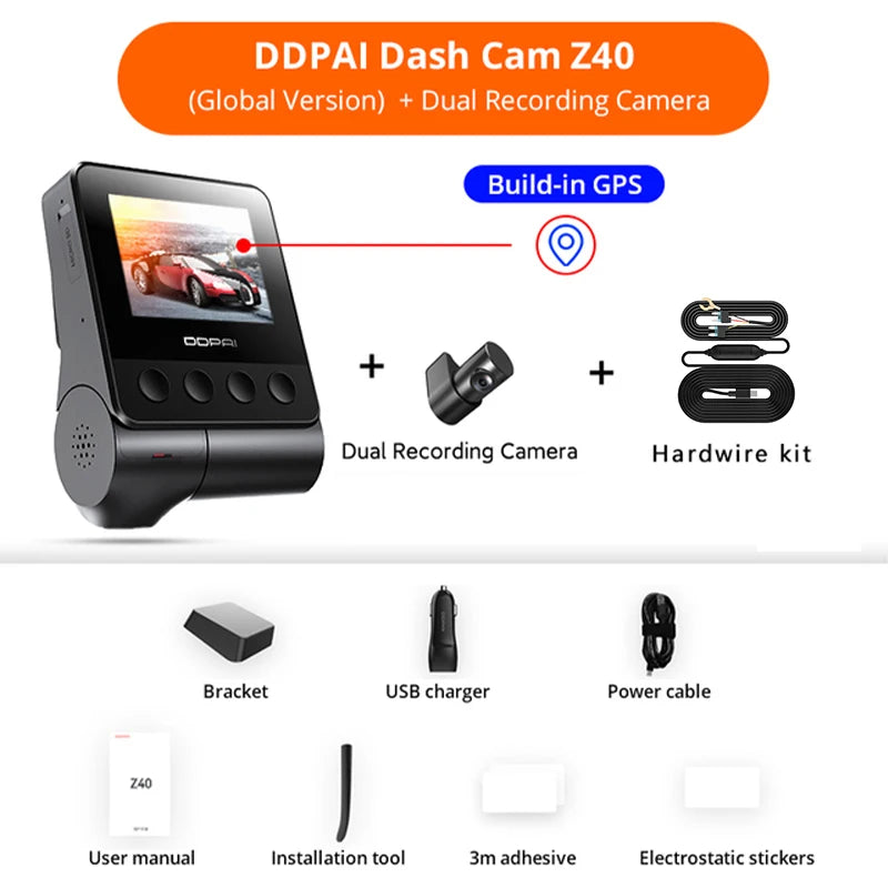 Pack dashcam DDPAI Z40 avec GPS intégré, caméra arrière, kit de câblage permanent et accessoires