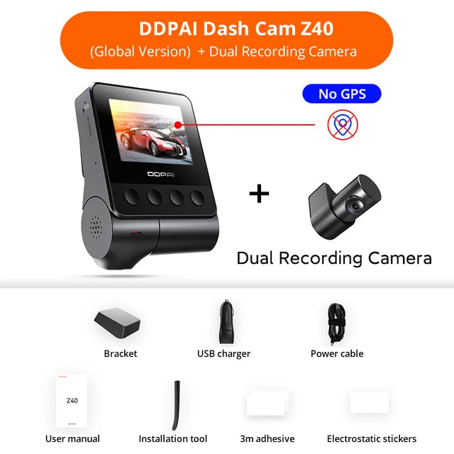 Pack dashcam DDPAI Z40 sans GPS avec caméra arrière et accessoires de montage