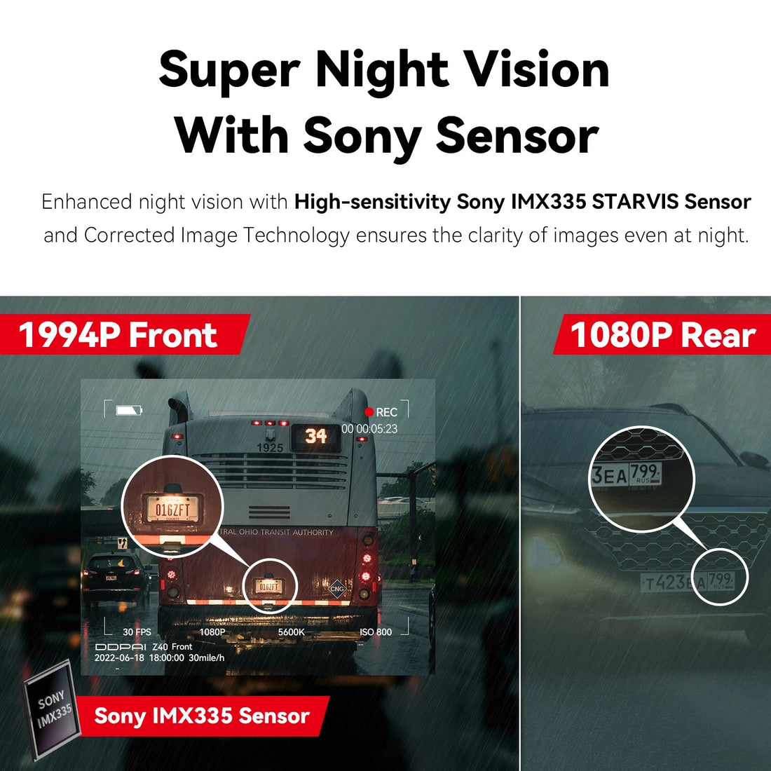 Vision nocturne de la dashcam DDPAI Z40 avec capteur Sony IMX335 STARVIS, images avant et arrière sous la pluie